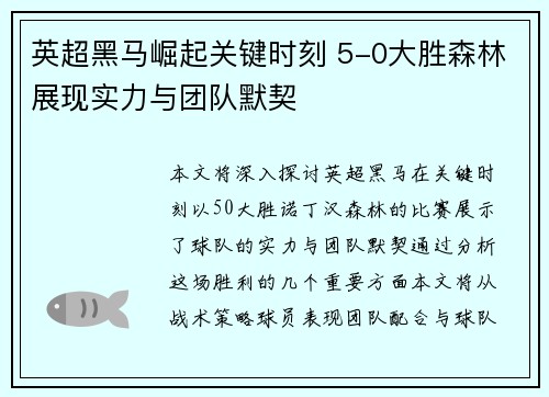 英超黑马崛起关键时刻 5-0大胜森林展现实力与团队默契